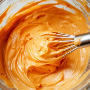 Thick, creamy orange ganache being whisked in a glass bowl, with smooth swirls and a rich homemade texture.