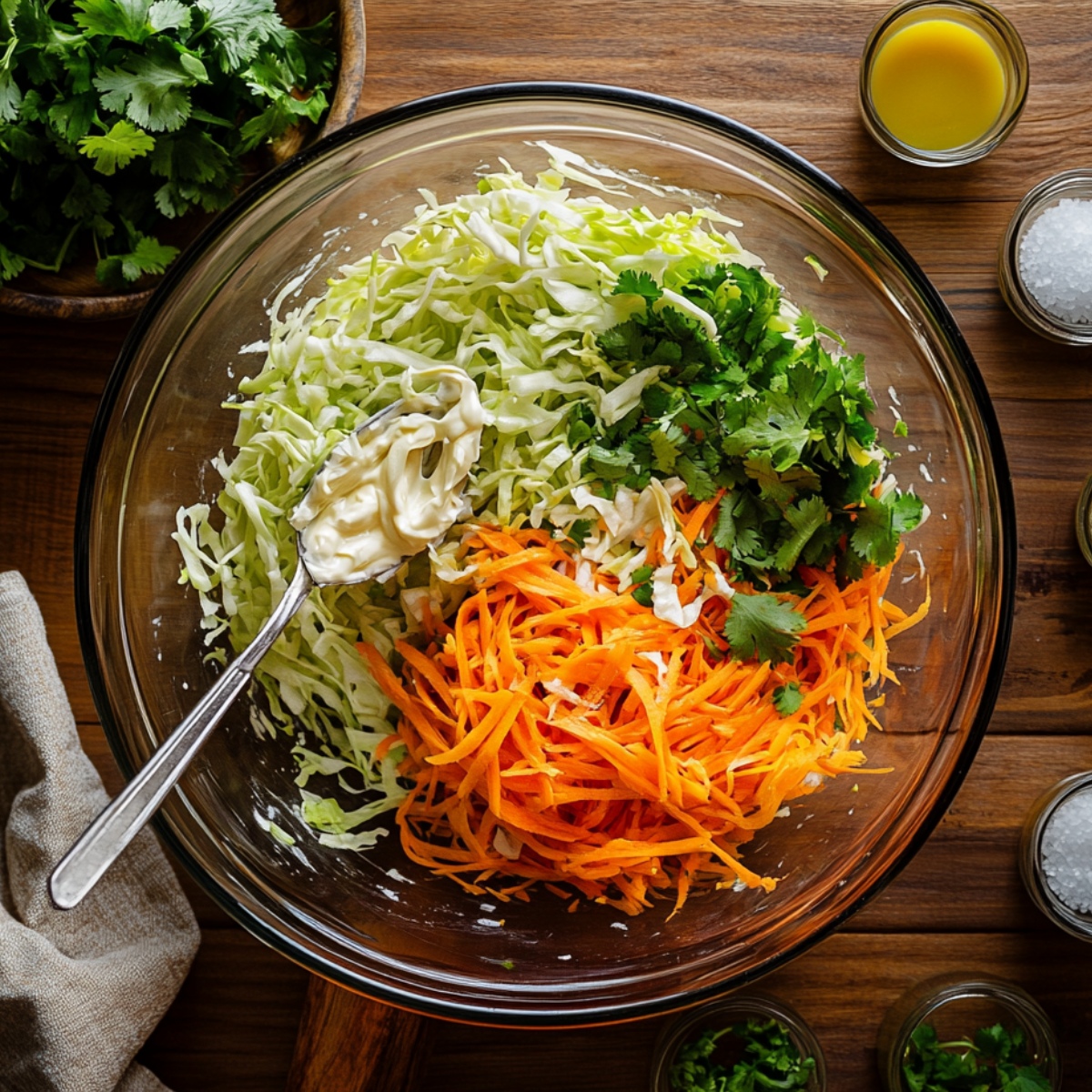 Shredded cabbage, carrots, cilantro, and a spoonful of mayo in a glass bowl, ready to mix for homemade shrimp taco slaw.