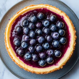 Homemade blueberry cheesecake with glossy whole berries and vibrant purple topping on a ceramic plate.
