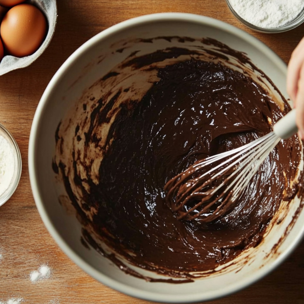 Thick chocolate brownie batter being whisked in a large bowl, with eggs and flour nearby on a wooden counter in a warm, homemade kitchen setting.