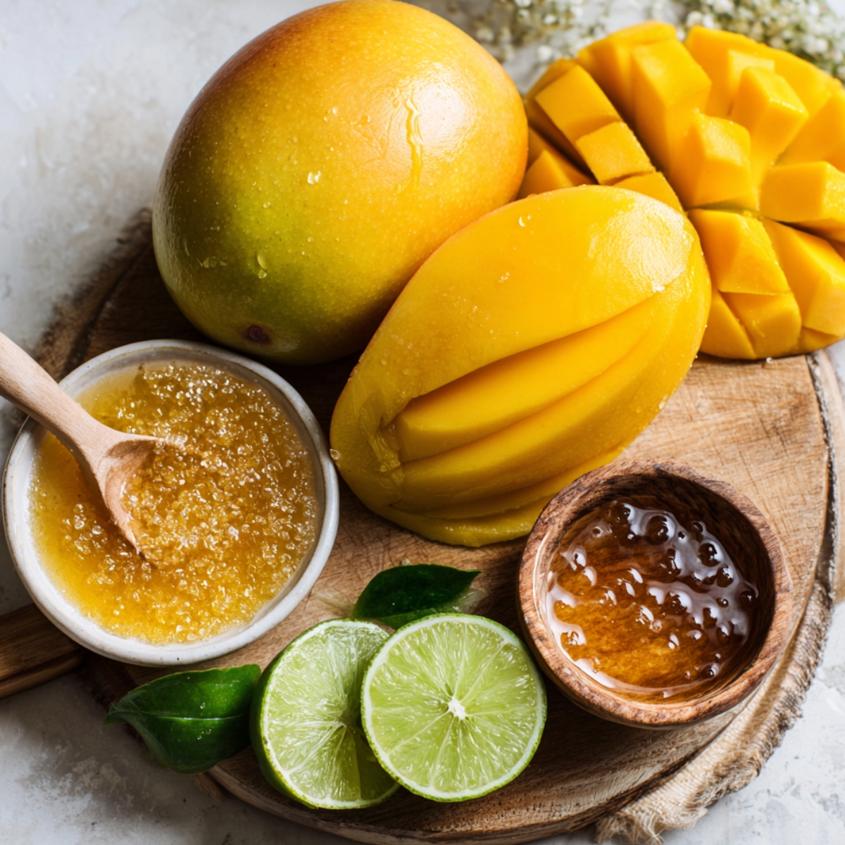 Fresh mangoes (whole, sliced, cubed), halved lime, a bowl of sugar with a spoon, and a bowl of honey on a wooden board.