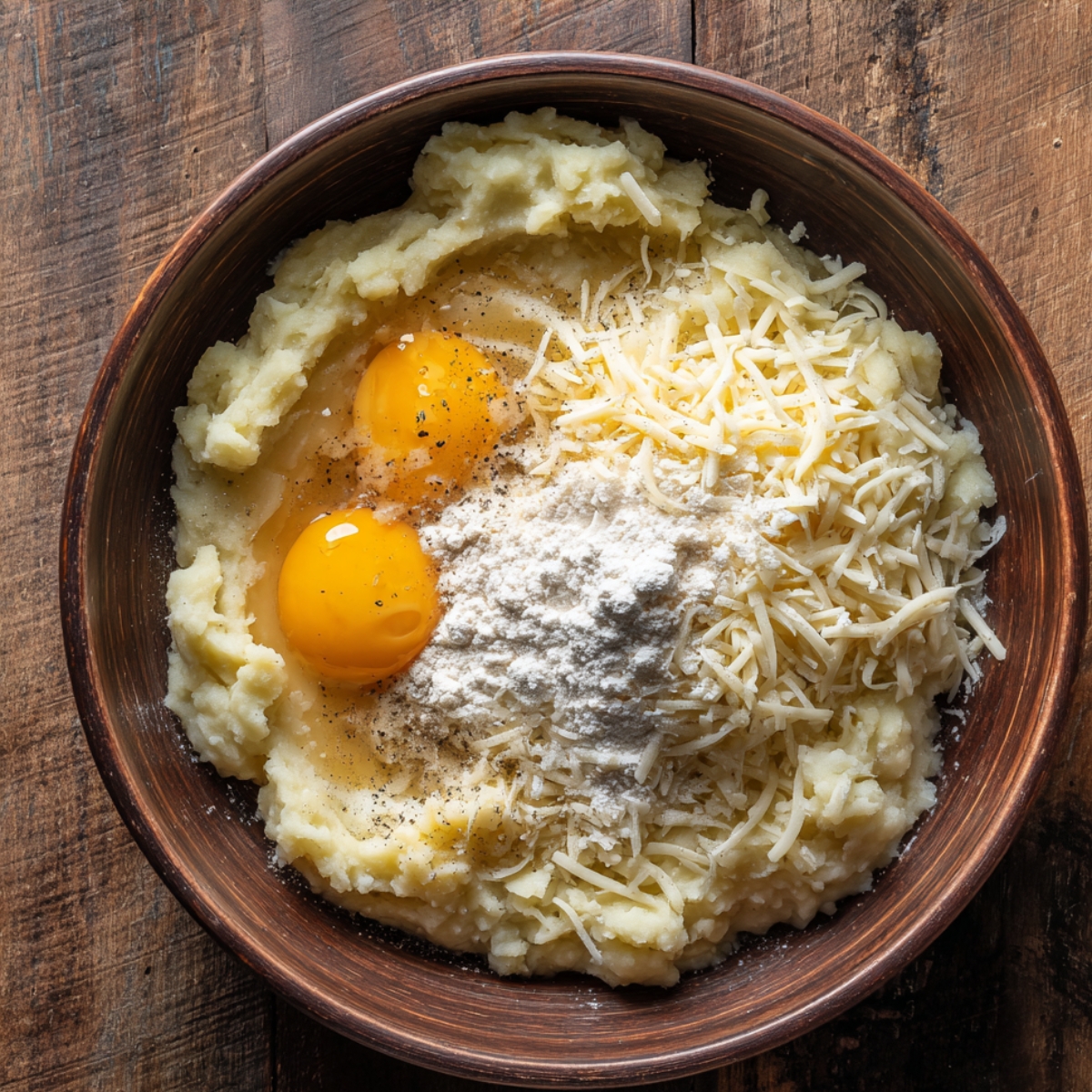 Top-down view of a rustic bowl filled with mashed potatoes, shredded cheese, flour, cracked eggs, and black pepper, ready to be mixed for homemade cheesy potato pancakes.