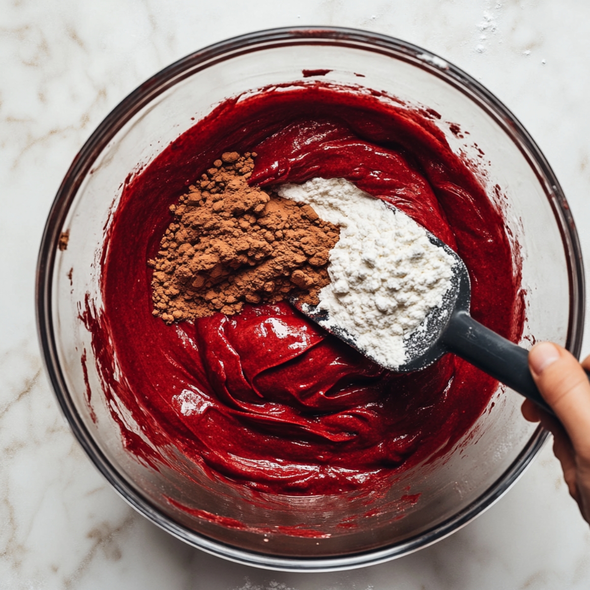 Glass bowl of red velvet cookie dough with flour and cocoa powder being added from a black scoop, on a marble surface.