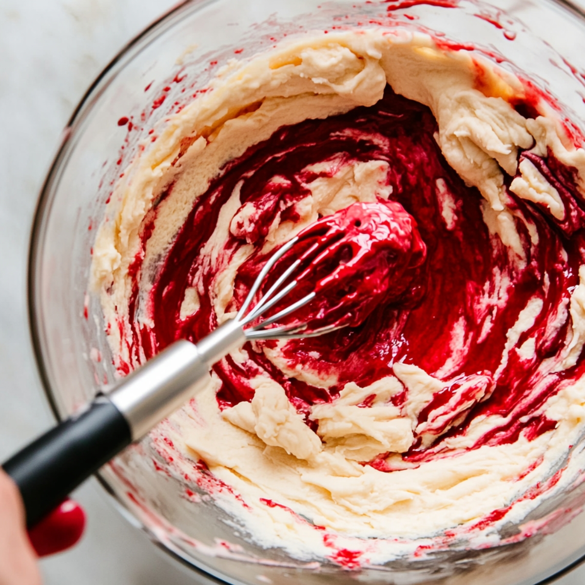 Glass bowl with pale cookie dough being mixed with vibrant red food coloring using a whisk, mid-swirled, on a light surface.