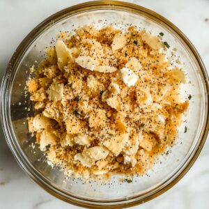 A clear glass mixing bowl filled with a homemade topping mixture of crushed buttery crackers, poppy seeds, Parmesan cheese, melted butter, and parsley for poppy seed chicken casserole, sitting on a white marble surface.