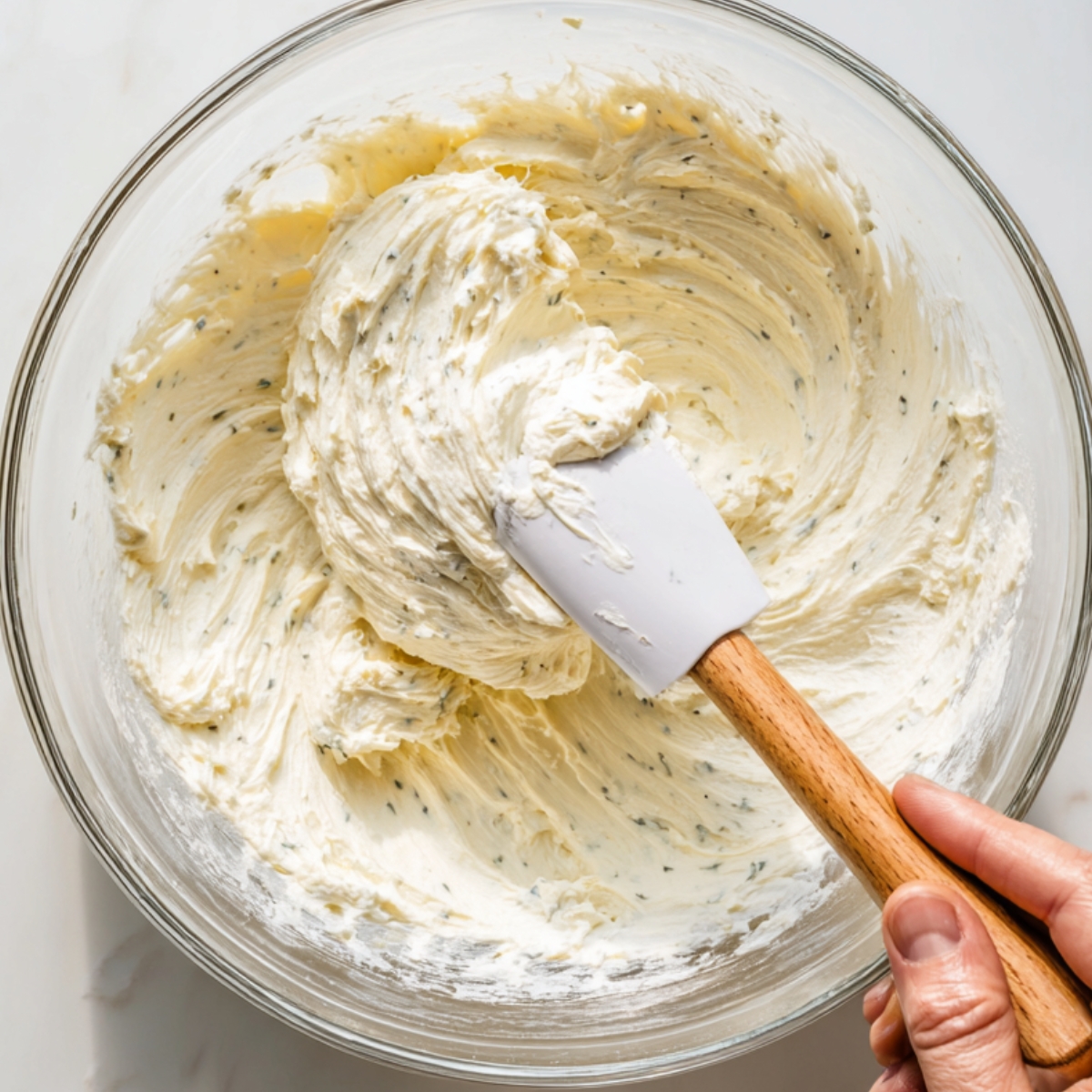 A hand mixing a fluffy, seasoned cream cheese mixture in a glass bowl using a white spatula with a wooden handle. The creamy base has visible herbs and sits on a light countertop.