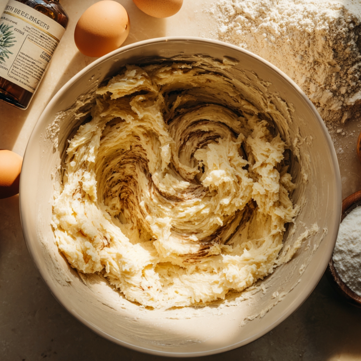 Creamy cookie dough swirled with vanilla in a mixing bowl, surrounded by eggs, flour, and vanilla extract on a warmly lit kitchen counter—perfect for homemade salted caramel cheesecake cookies.