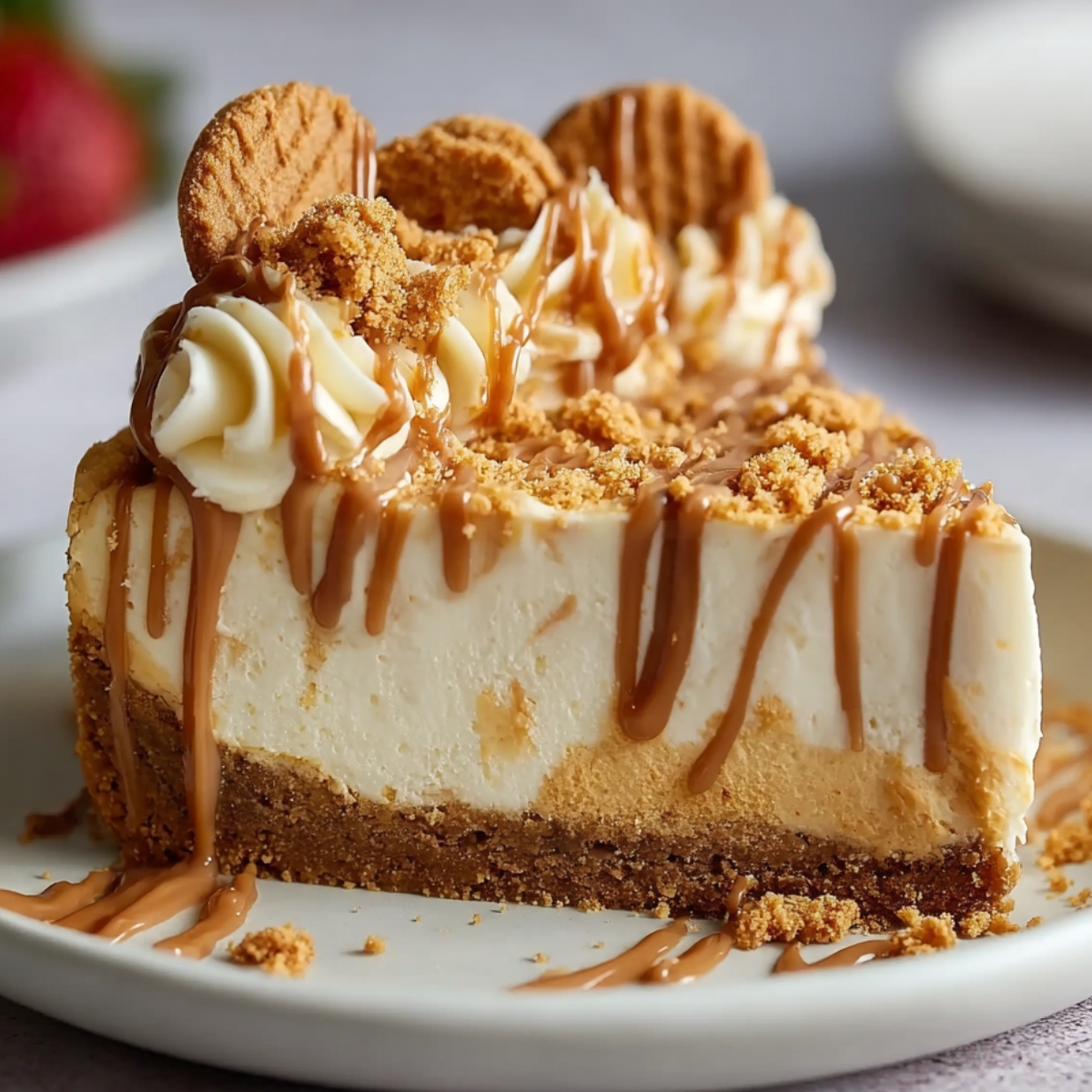 Slice of homemade no bake Biscoff cheesecake with cookie crust, creamy layered filling, Biscoff drizzle, whipped cream, and cookie crumbles on top. Served on a plate with crumbs and sauce around it.
