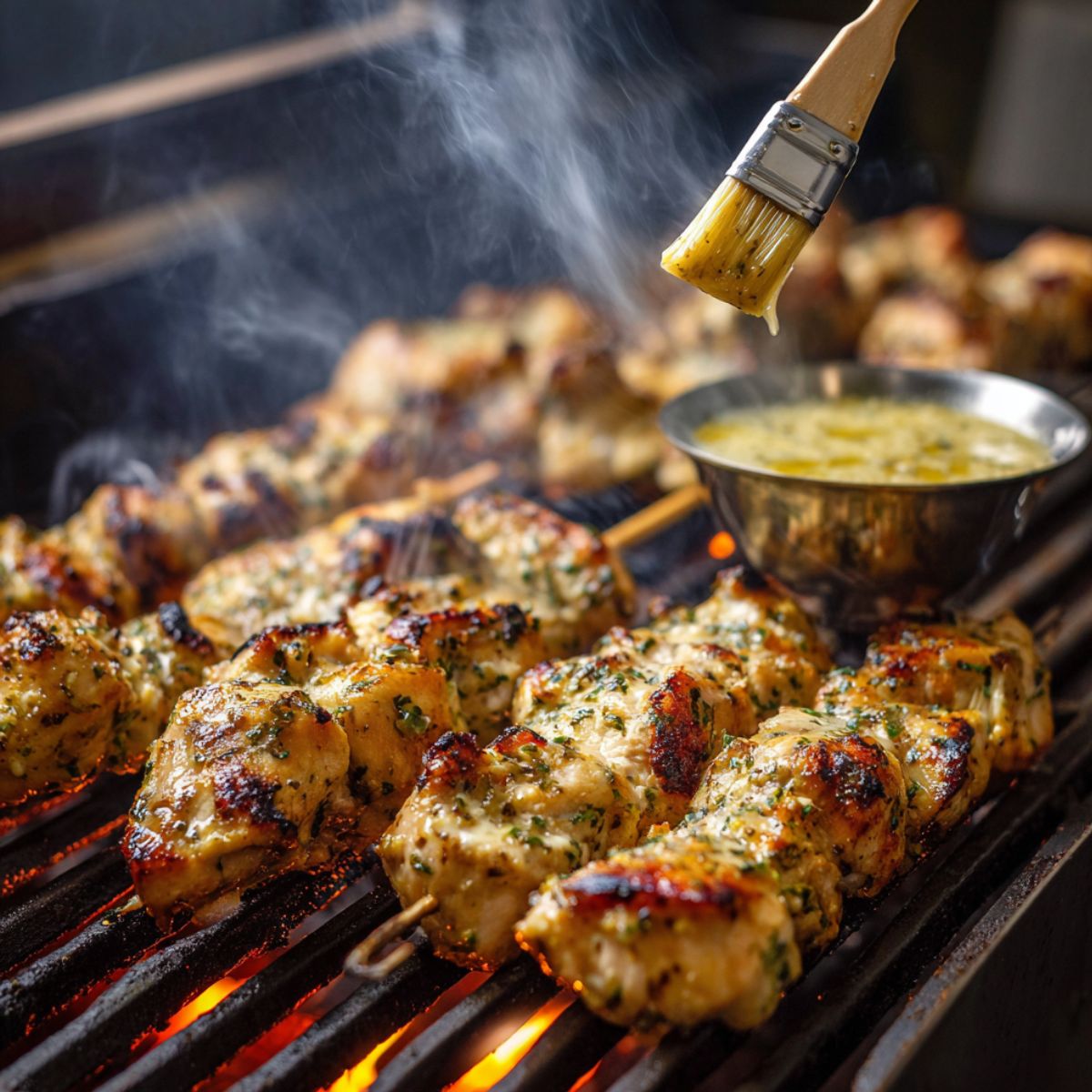 Juicy ranch garlic parmesan chicken skewers grilling over open flames, with a brush applying melted parmesan herb butter and a bowl of basting sauce nearby, smoke rising from the hot grates.