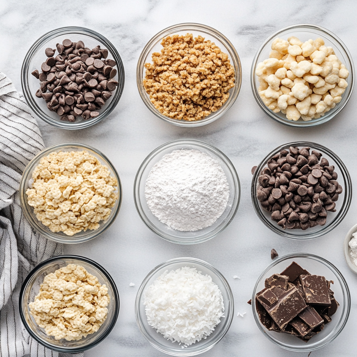 Glass bowls filled with peanut butter ball add-ins like chocolate chips, Rice Krispies, graham crumbs, powdered sugar, coconut, and chopped chocolate on a marble surface with a striped towel