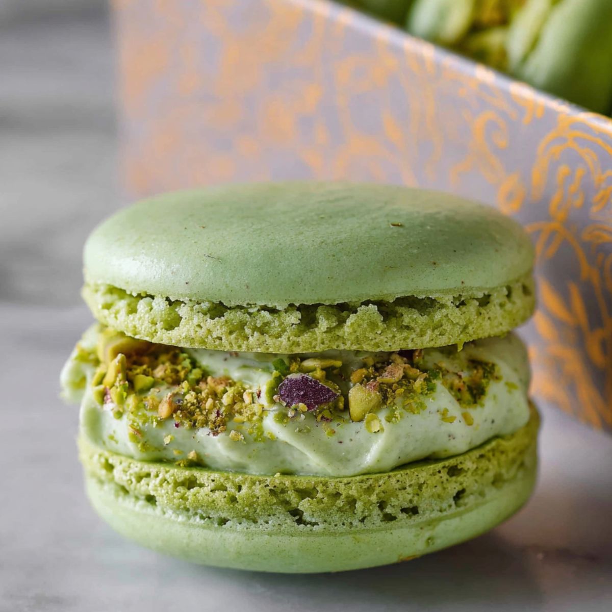 A close-up of a single homemade pistachio macaron with pale green shells, filled with creamy pistachio buttercream and crushed pistachios, sitting on a marble counter with a patterned gift box in the background.