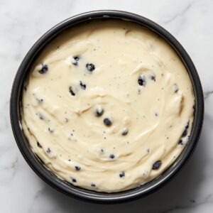 Unbaked blueberry cheesecake filling with whole berries in a springform pan on a marble countertop.