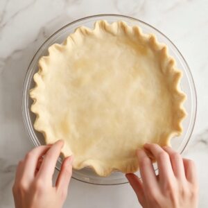 Hands shaping the edge of an unbaked pie crust in a glass pie dish on a marble surface, preparing it for a homemade pumpkin pie.