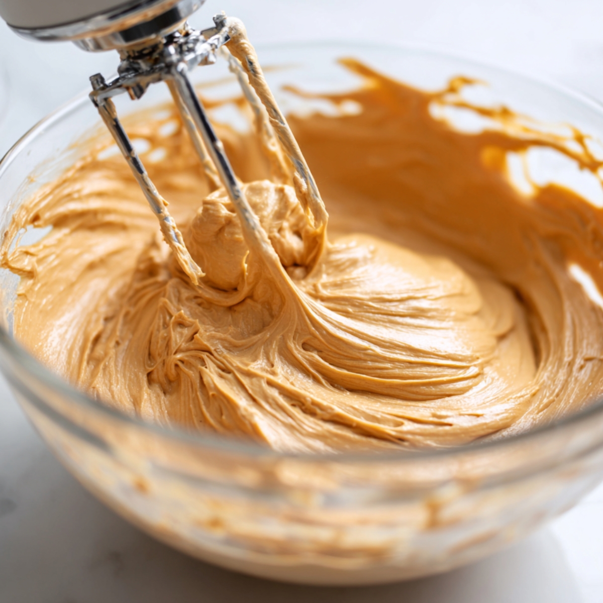 Thick, creamy Biscoff cheesecake filling being whipped in a glass bowl with a hand mixer. The smooth, caramel-colored mixture forms soft peaks, lit naturally on a clean white counter.