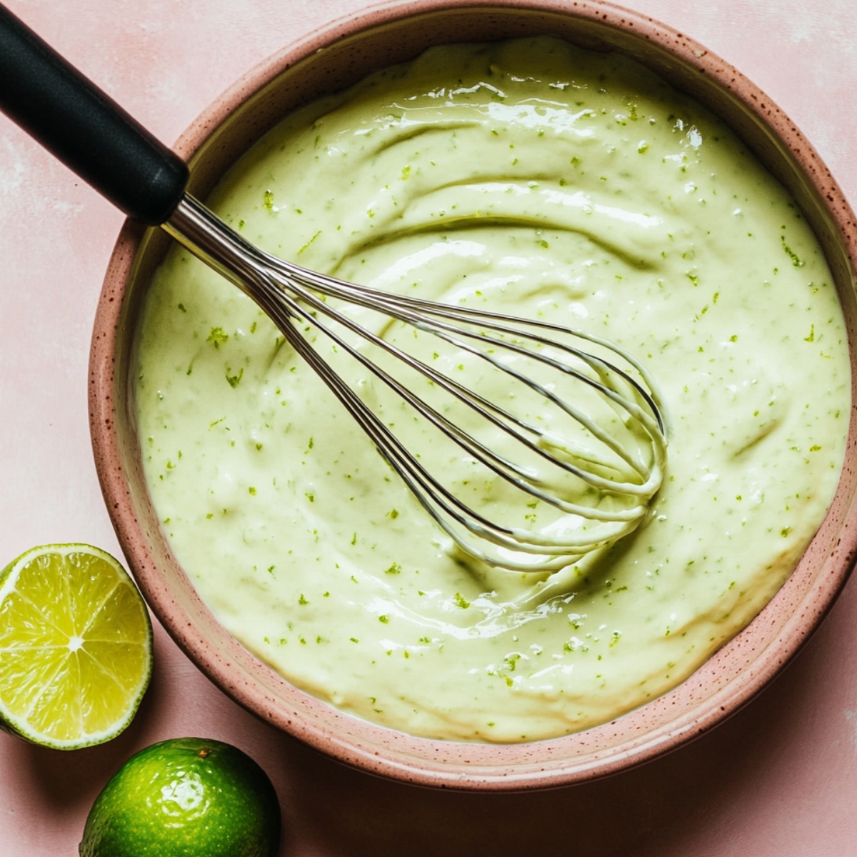 Top-down view of a bowl filled with creamy Key Lime Pie filling, pale green with flecks of lime zest. A metal whisk rests in the mixture, and fresh limes sit nearby on a light pink surface.