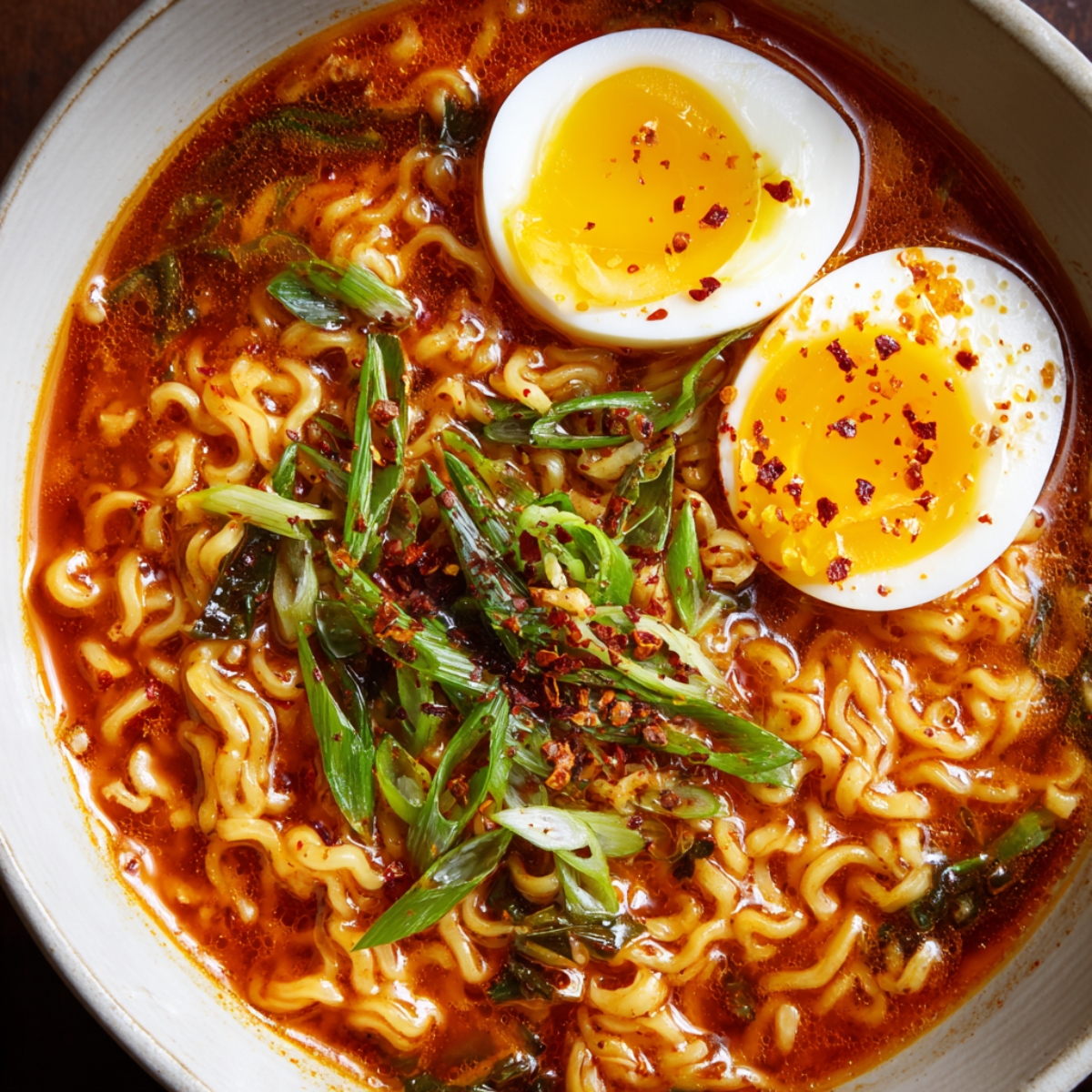 Homemade spicy ramen with soft-boiled egg halves, green onions, chili flakes, and curly noodles in rich red broth.
