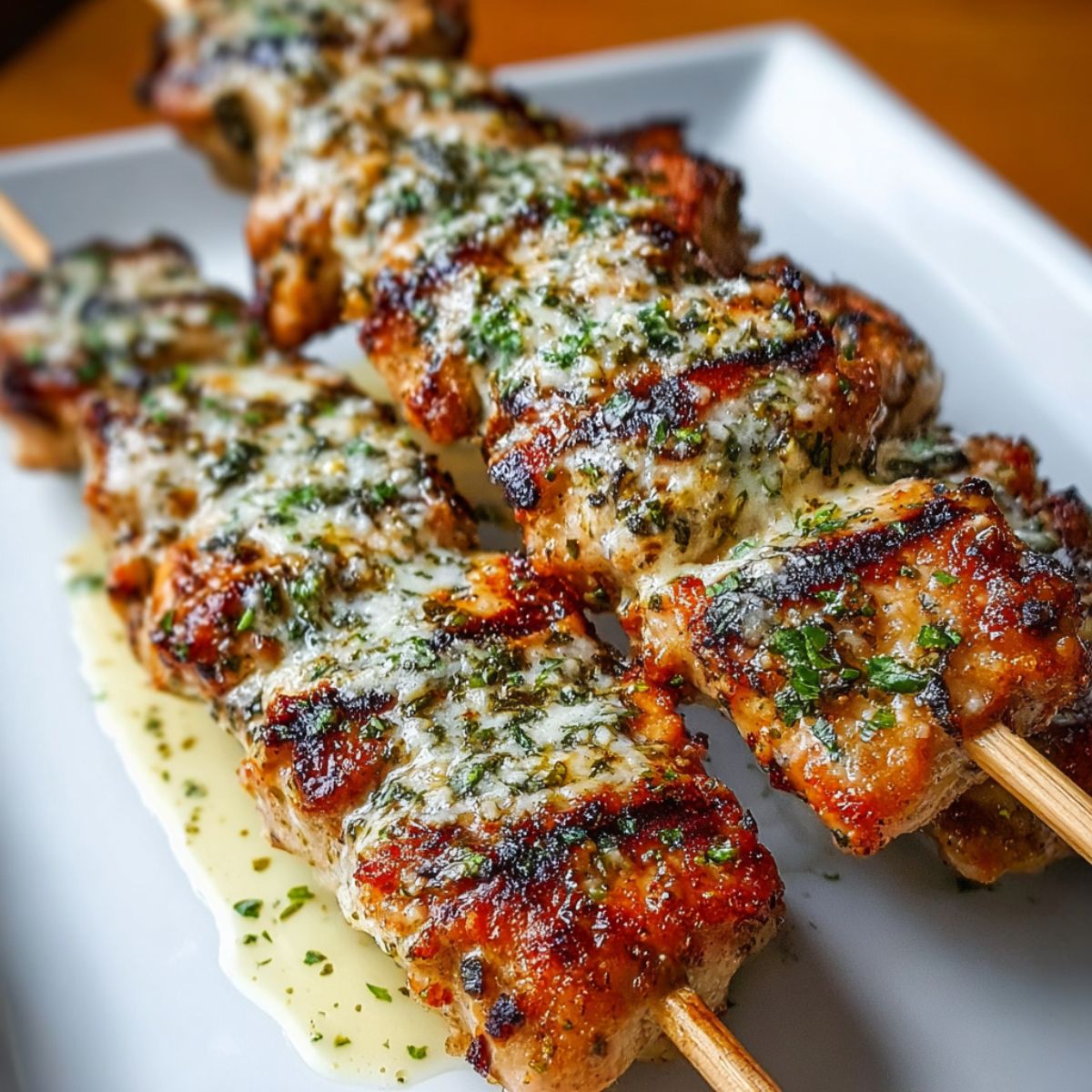 Grilled ranch garlic parmesan chicken skewers on a white plate, topped with melted parmesan and chopped parsley, with golden charred edges and a drizzle of oil.