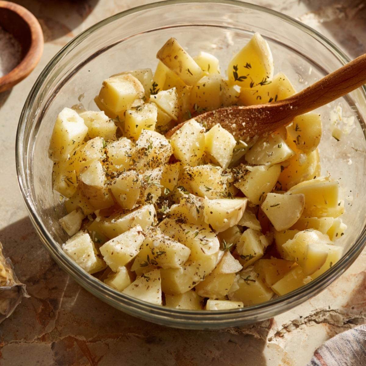 Seasoned chopped potatoes in a glass bowl with herbs and pepper, stirred with a wooden spoon.