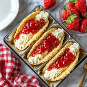 Homemade strawberry crunch cheesecake tacos filled with piped cream cheese filling and topped with strawberry sauce, arranged in a taco holder beside fresh strawberries and a red checkered towel on a marble counter.