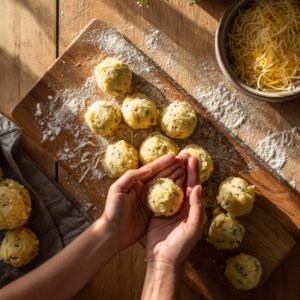 Hands forming cheesy potato mixture into patties on a floured wooden board, with shredded cheese and sunlight creating a warm homemade feel.