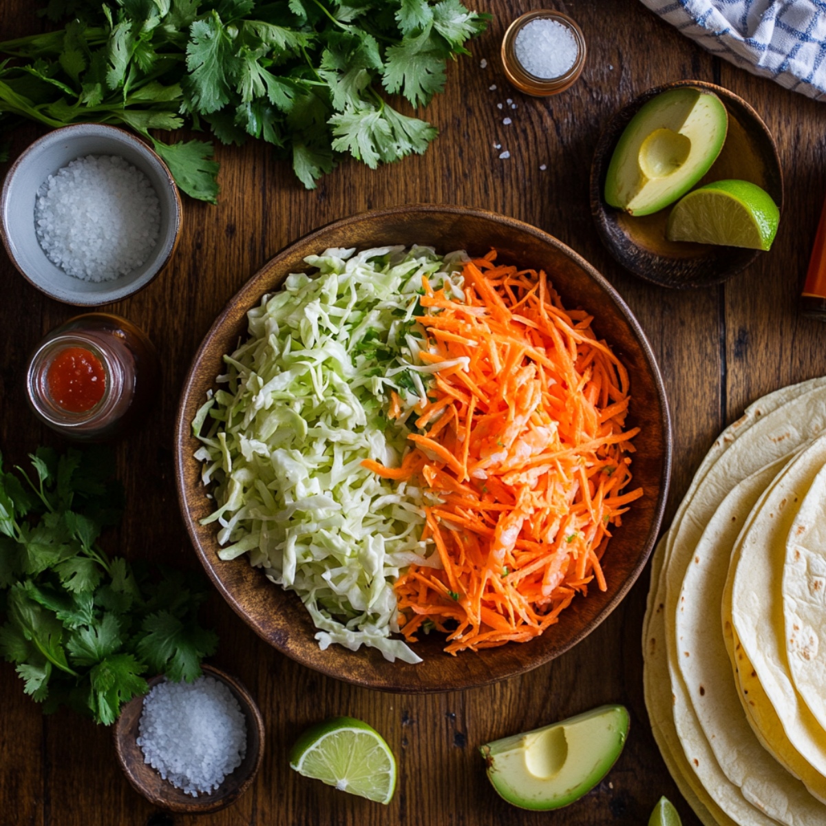 Shredded green cabbage and carrots in a wooden bowl, surrounded by cilantro, sea salt, lime wedges, avocado slices, hot sauce, and a stack of soft tortillas on a rustic wooden surface—ready for assembling shrimp tacos.