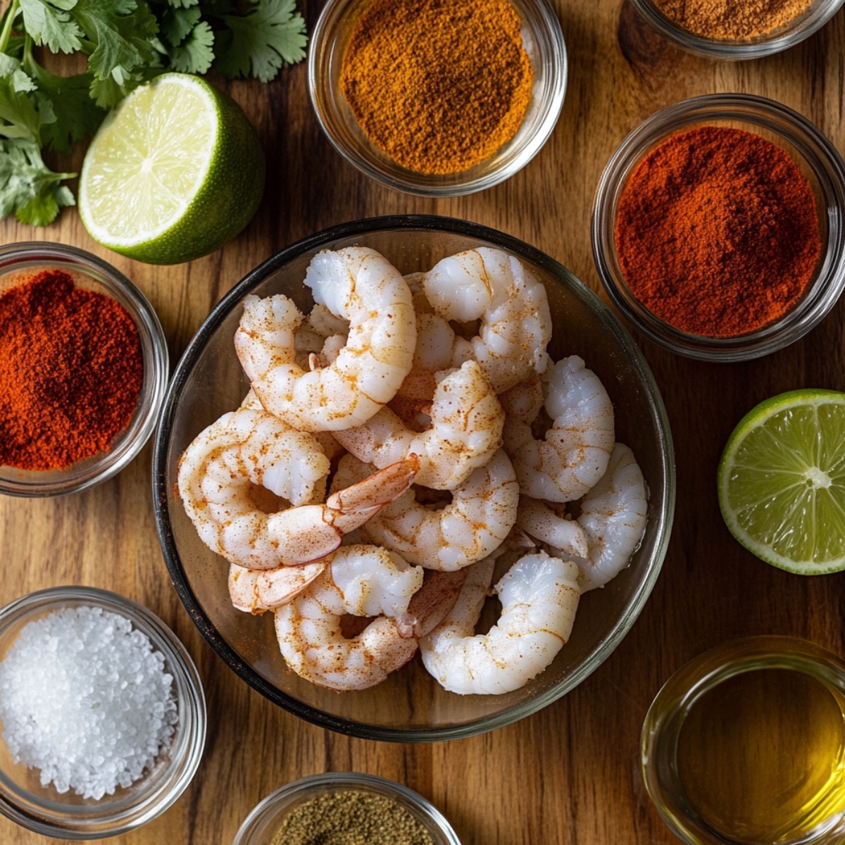 Raw shrimp in a glass bowl, surrounded by chili powder, paprika, cumin, salt, olive oil, lime halves, and fresh cilantro on a wooden surface—ready for homemade shrimp tacos.