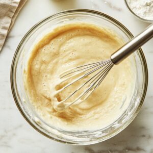 A glass bowl of creamy batter being whisked with a metal whisk, sitting on a marble countertop, ready for coating cauliflower.