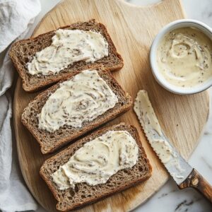 Three slices of rye bread on a wooden board, each spread with creamy Russian dressing, with a ramekin of dressing and a butter knife beside them. Real, homemade sandwich prep scene.