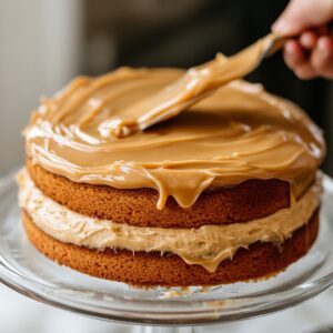 Place your next cake layer on top and cover the top and sides with more caramel frosting. Once the caramel starts to set up, you will notice it become shiny. You can run an offset spatula or knife gently on top of the shiny caramel and this will make everything super smooth! Decorate as you wish and enjoy!
