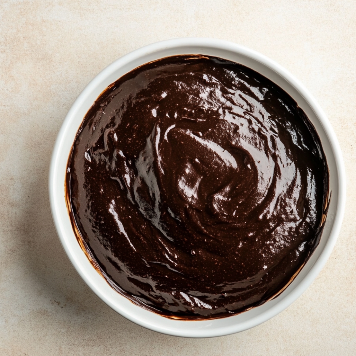 Thick, glossy chocolate pudding cake batter spread evenly in a white ceramic baking dish, ready to bake.