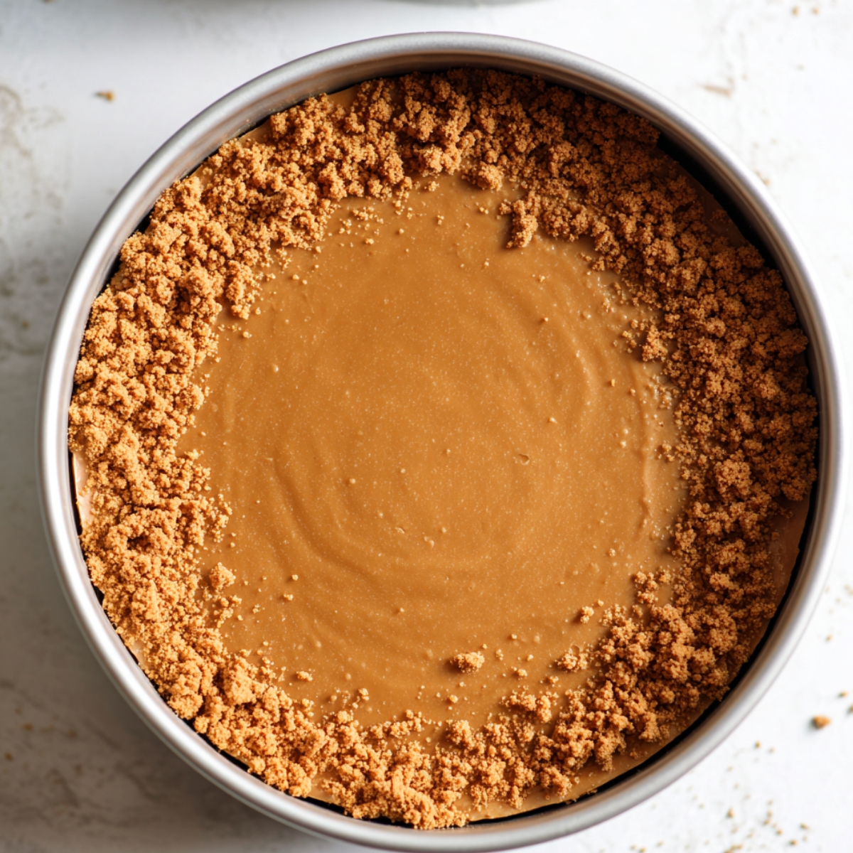 Homemade no-bake Biscoff cheesecake in a round pan, topped with smooth Biscoff spread and a ring of crushed Biscoff cookies around the edge. Set on a white surface with a few scattered crumbs for a real, rustic look.