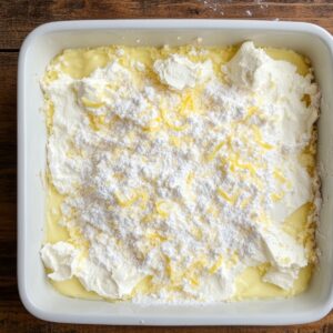 Unbaked lemon cream cheese dump cake in a white baking dish, topped with dollops of cream cheese, a layer of dry lemon cake mix, and a sprinkle of lemon zest, ready for the oven.