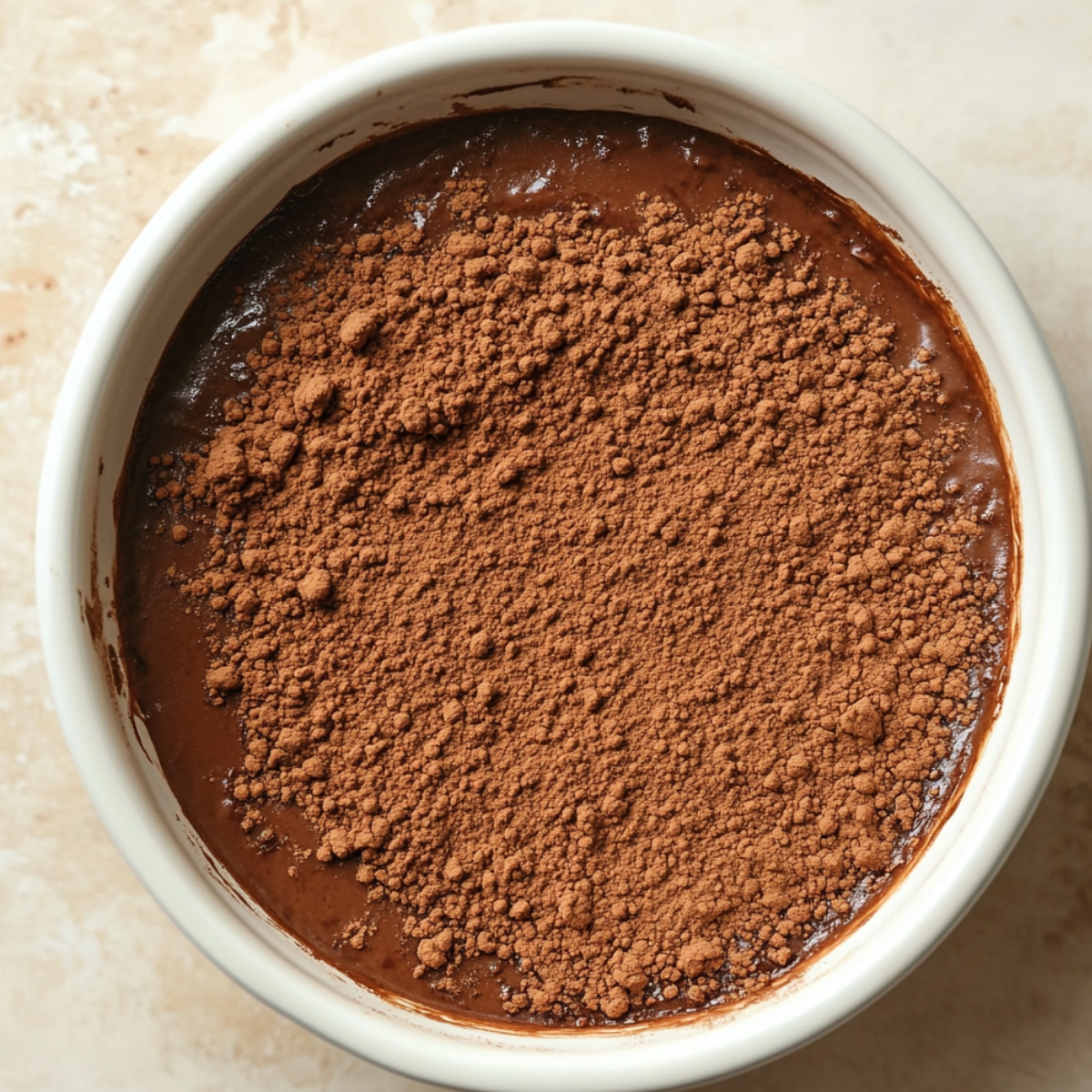 Unbaked chocolate pudding cake topped with a thick layer of dry cocoa powder in a white ramekin.