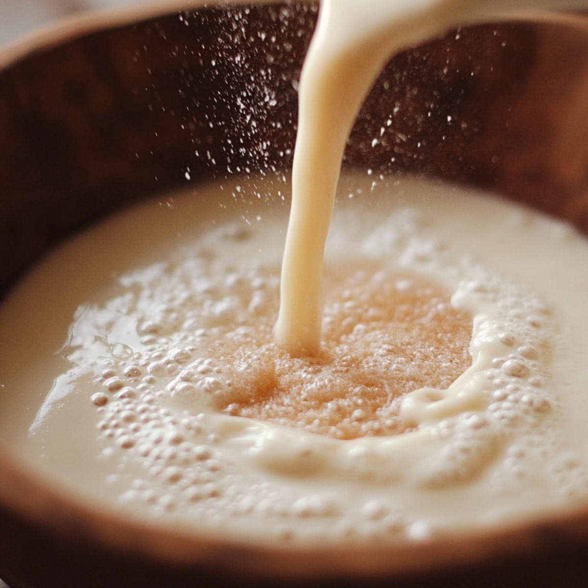 Warm milk being poured into a wooden bowl over yeast and sugar, creating soft bubbles and foam—an early step in making homemade pumpkin cinnamon rolls.
