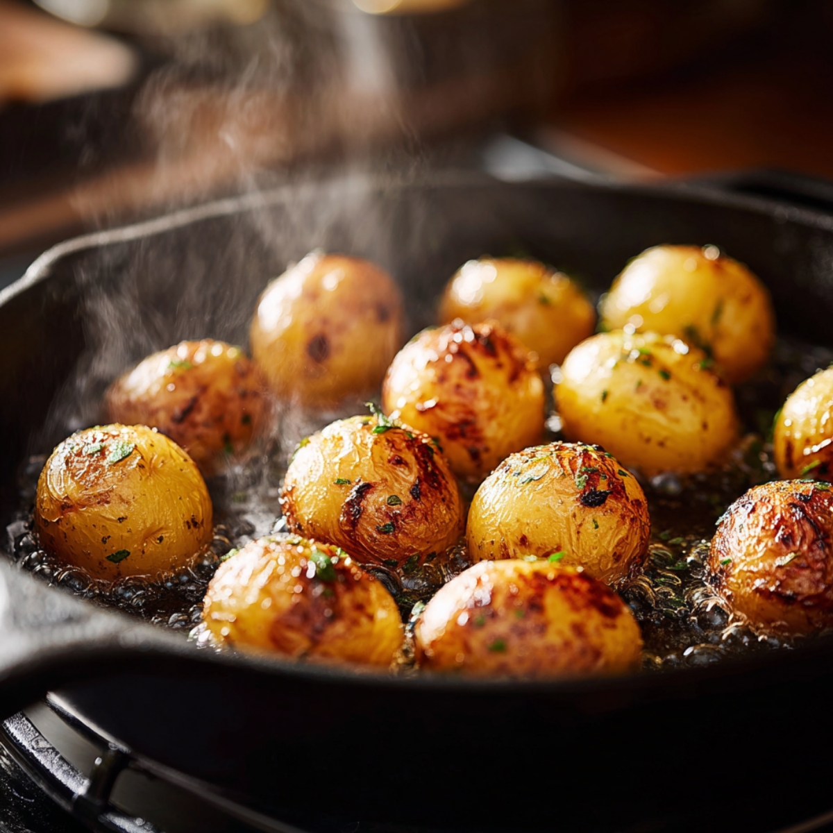 Baby potatoes sizzling cut-side down in a cast iron skillet, browning in hot oil. Steam rises as they crisp, with golden sear marks and sprinkled herbs giving them a fresh, homemade look.