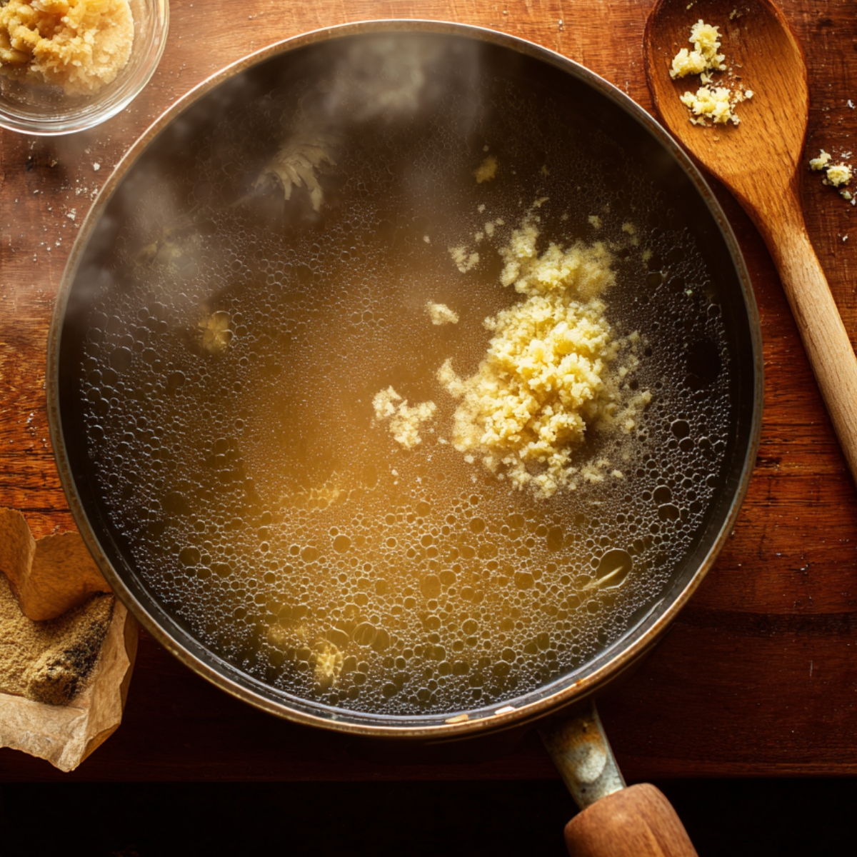 Top-down view of a simmering pot of ramen broth with freshly grated garlic and ginger floating on the surface, surrounded by wooden utensils and seasoning on a rustic kitchen counter.