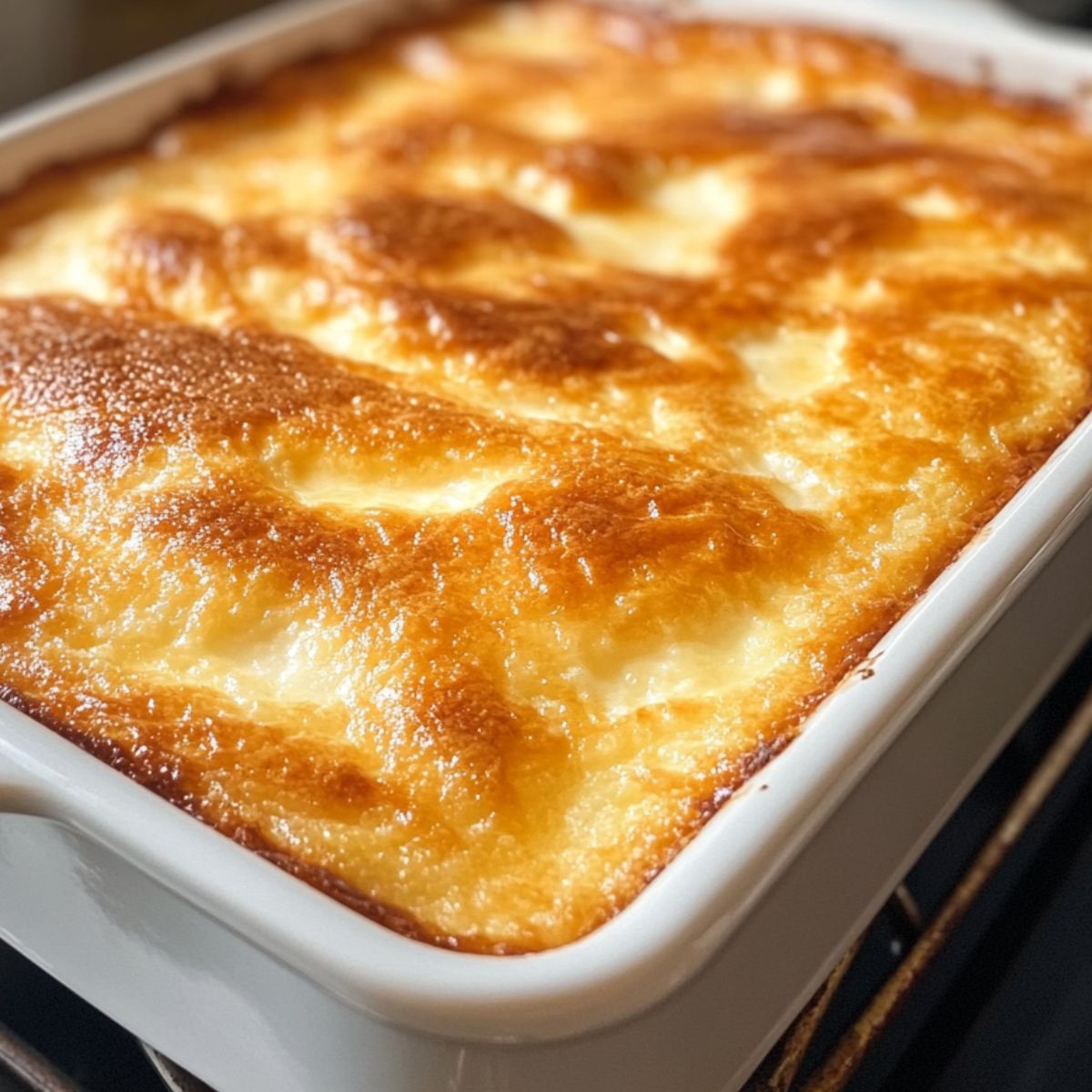 Golden brown lemon cream cheese dump cake in a white baking dish, fresh from the oven with bubbly, crisp edges and a soft, homemade look.