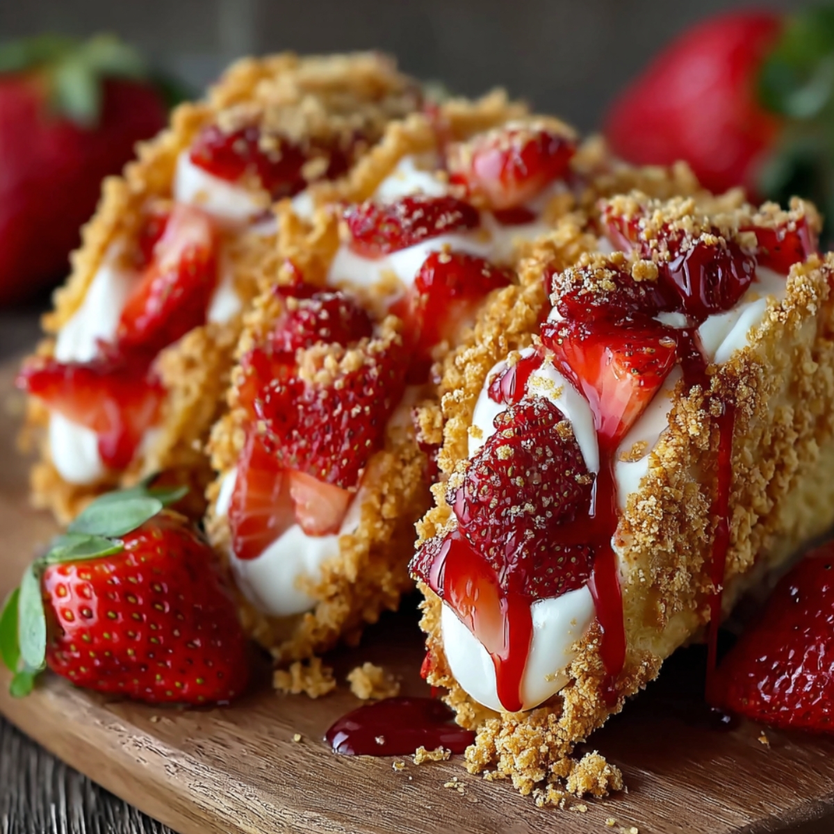 Strawberry cheesecake tacos with graham cracker shells, creamy filling, and fresh strawberries topped with strawberry sauce, served on a wooden board.