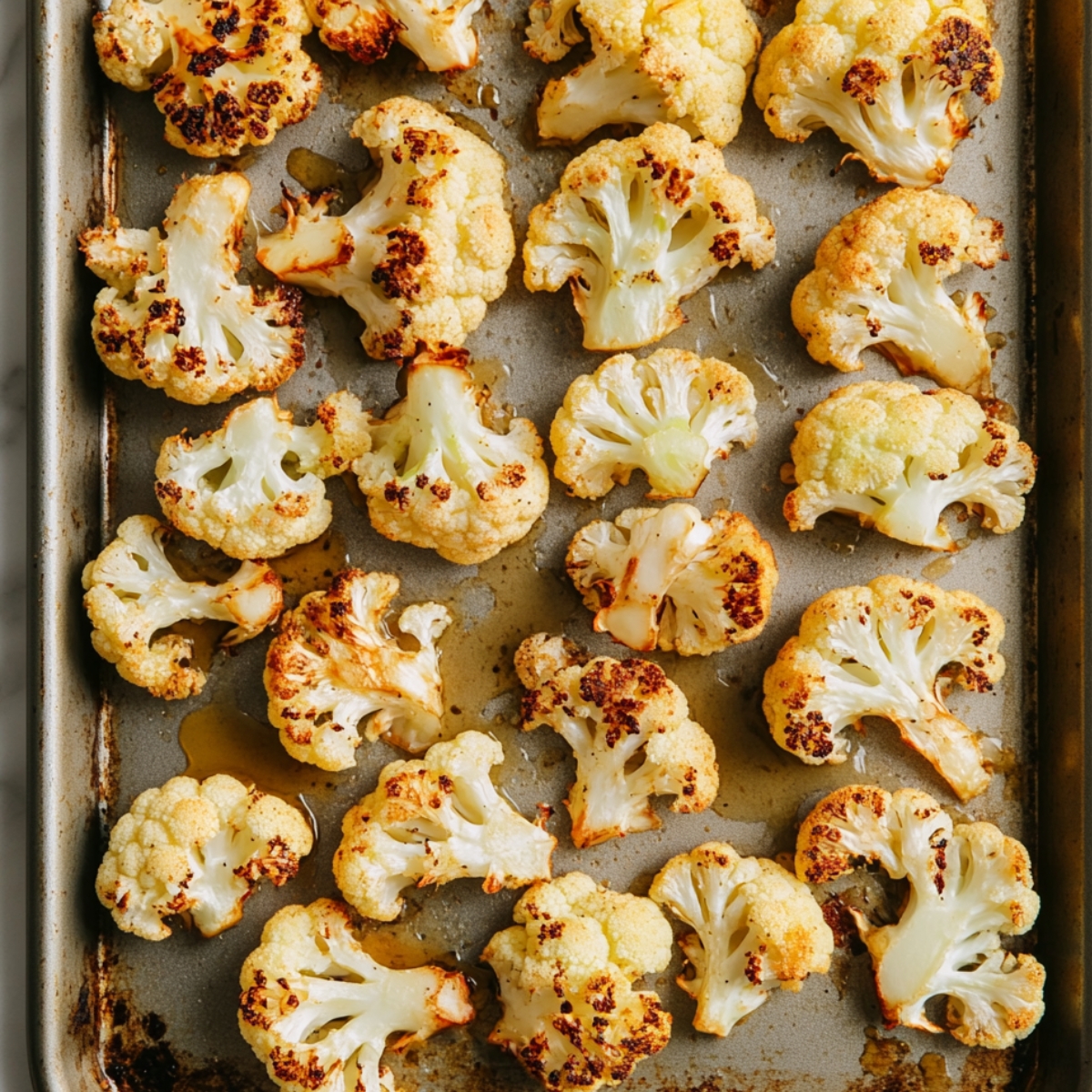 Golden roasted cauliflower florets on a baking sheet, lightly browned and crisped on the edges, ready for the next step in a homemade buffalo cauliflower recipe.