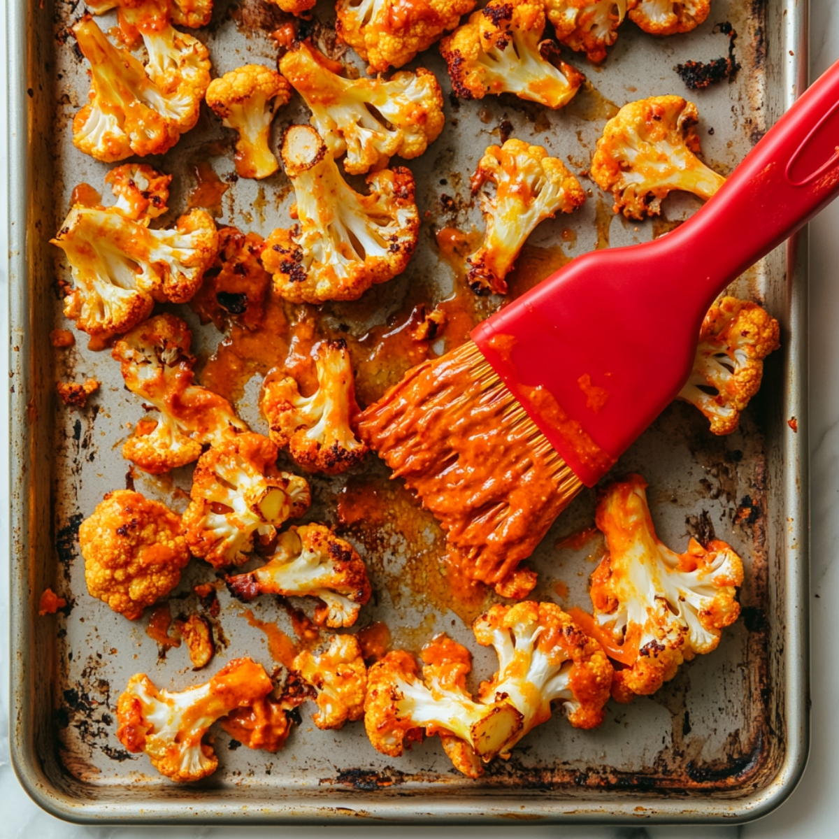 Crispy roasted cauliflower being brushed with buffalo sauce on a baking sheet using a red silicone brush, in a homemade kitchen setting.