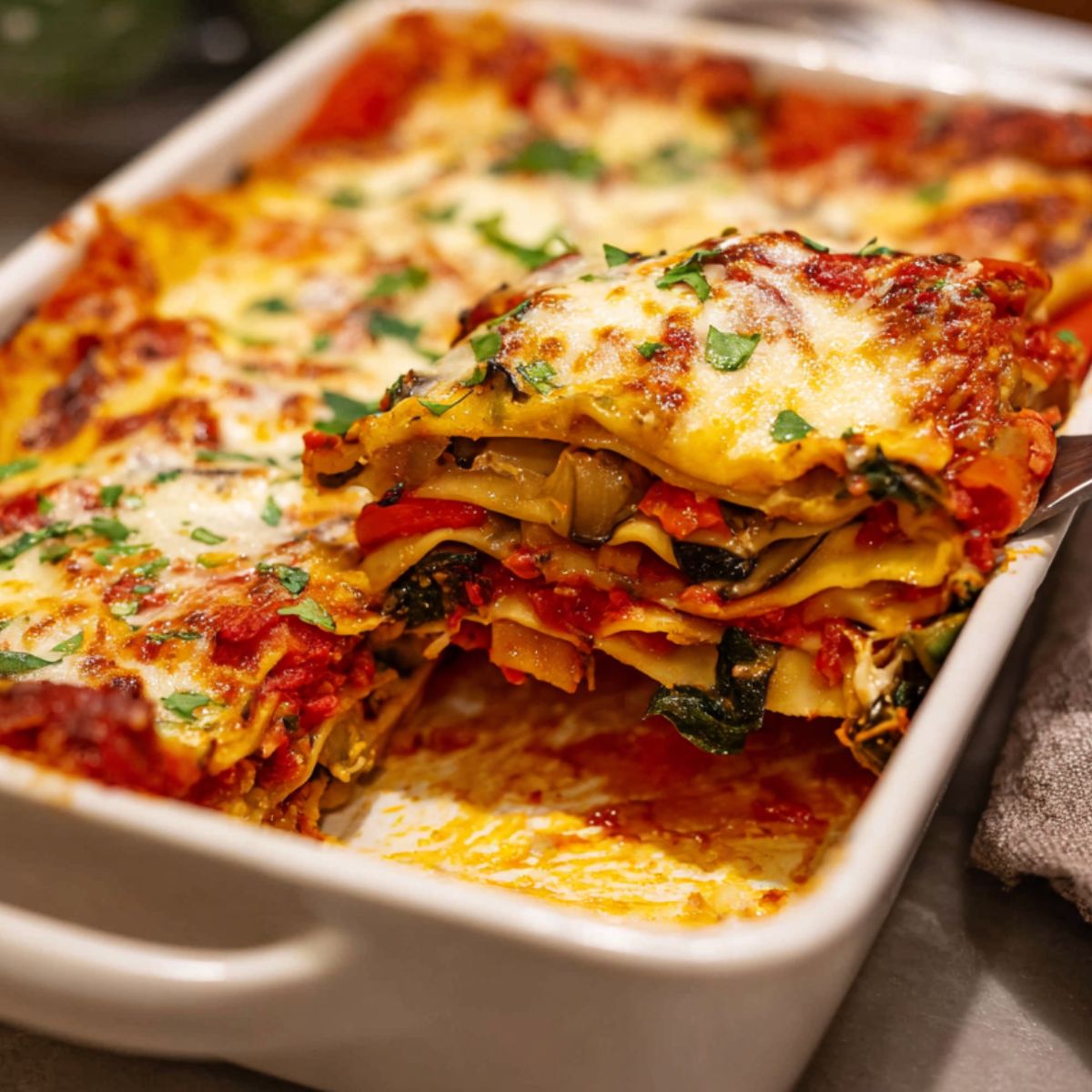 Homemade vegetable lasagna in a white dish with a golden cheesy top, one slice lifted to show layers of pasta, veggies, sauce, and herbs.