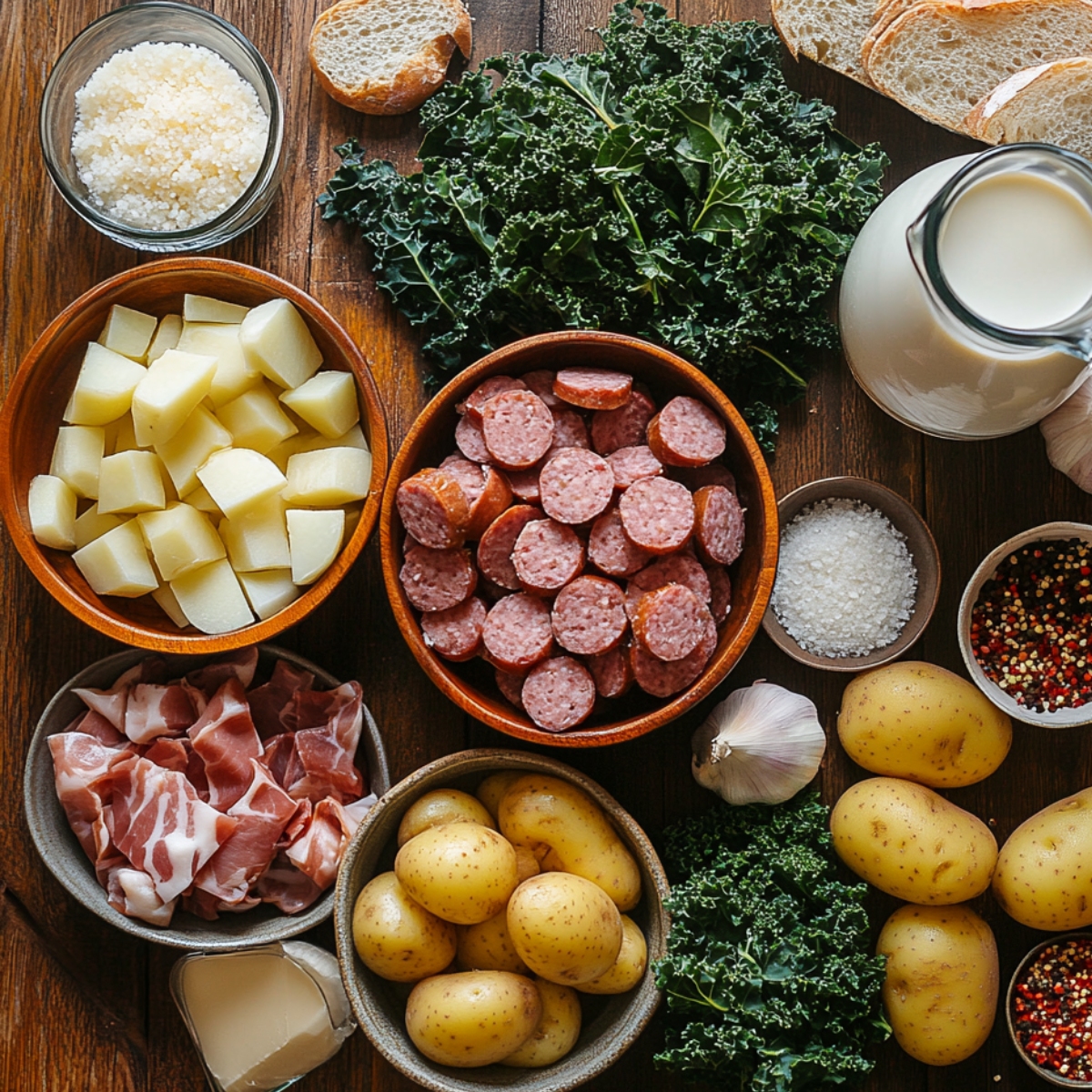 Fresh ingredients for homemade Zuppa Toscana soup laid out on a wooden table, including sliced Italian sausage, cubed and whole potatoes, chopped bacon, kale, garlic, a pitcher of cream, crusty bread, parmesan, salt, and red pepper flakes.