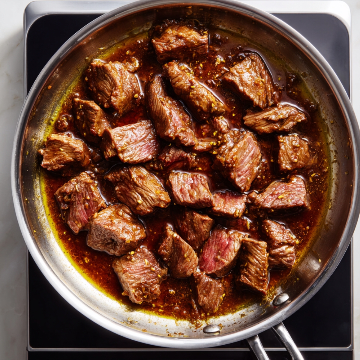 Top-down view of homemade Chinese beef searing in a stainless steel skillet on a black induction cooktop, with tender strips in glossy brown garlic sauce, some pieces still slightly pink, all glistening under natural light.