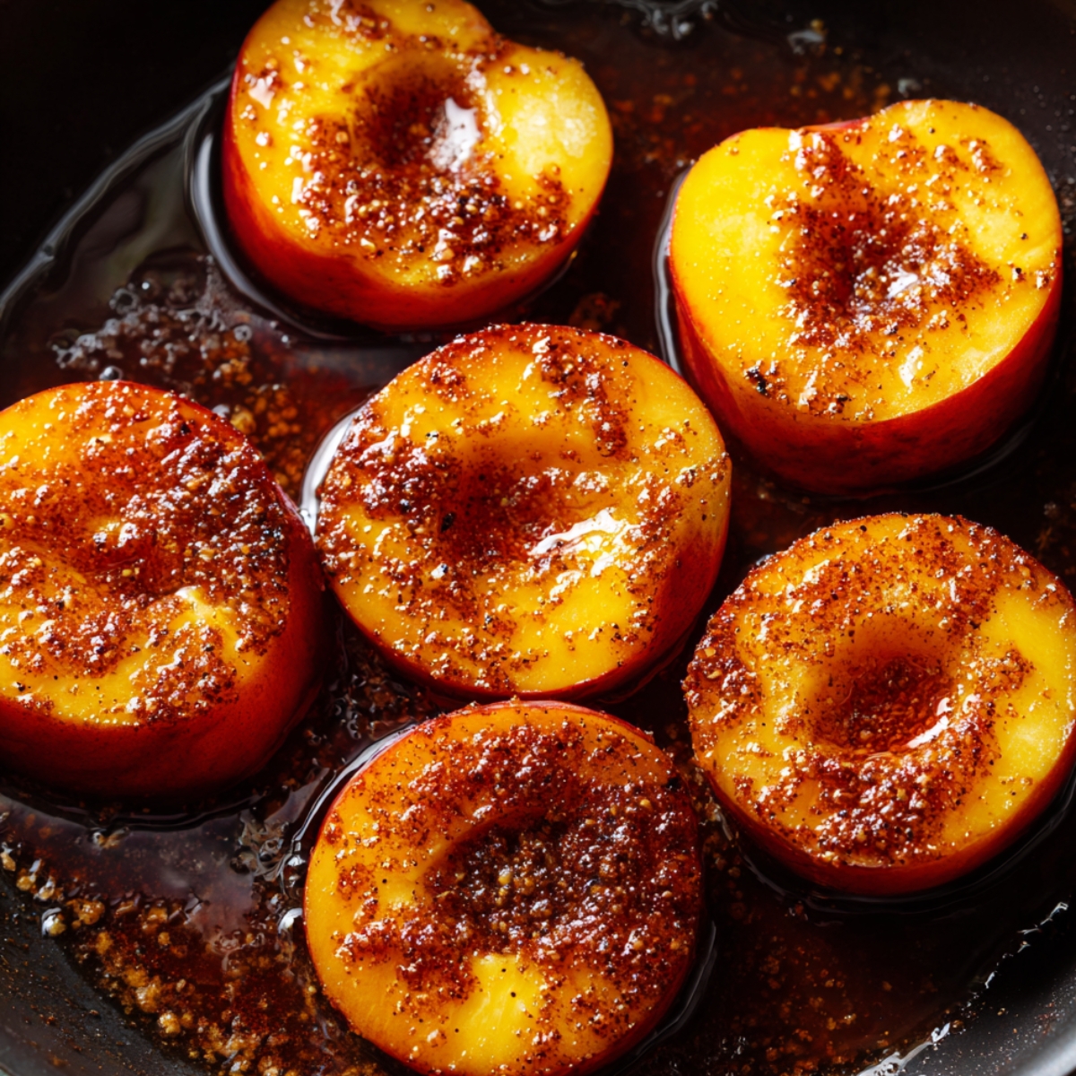 Close-up of golden peach halves in a skillet, bubbling in caramelized brown sugar, butter, and cinnamon, with a glossy homemade glaze.