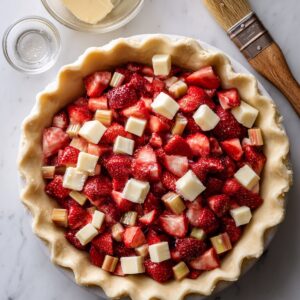 Top-down view of an unbaked strawberry rhubarb pie in a fluted crust, filled with fresh strawberries, diced rhubarb, and butter cubes, with a pastry brush and bowls on a white marble surface, natural daylight.