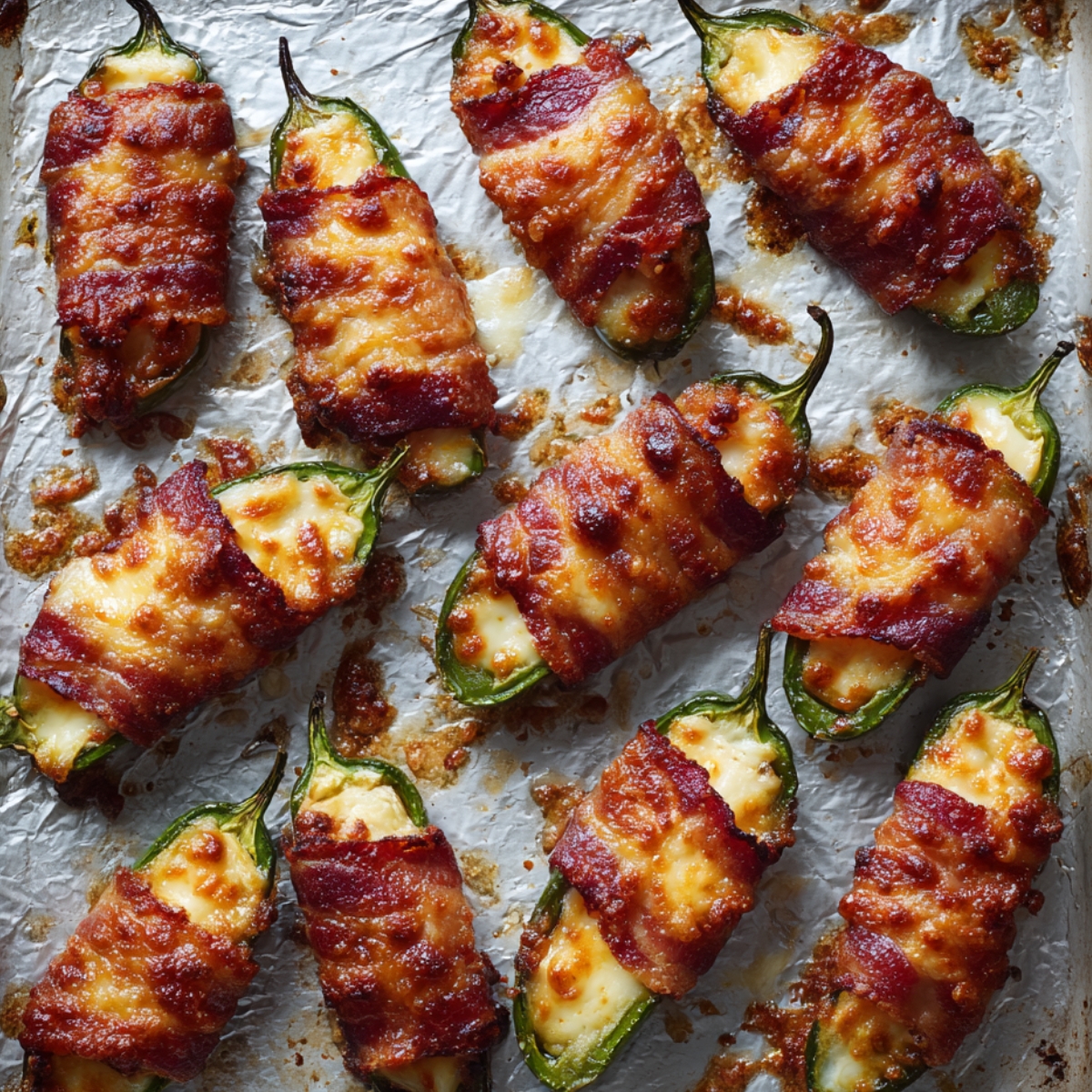 Bacon-wrapped jalapeño poppers stuffed with melted cheese on a foil-lined baking sheet.