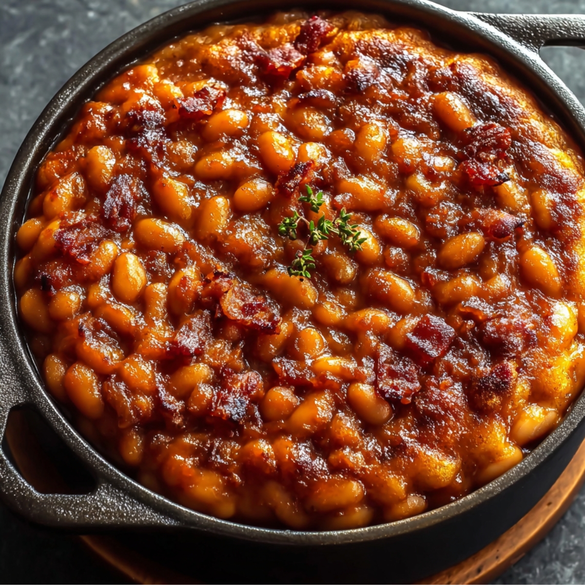 Homemade baked beans in a cast-iron skillet, topped with crispy bacon in a rich, glossy sauce, with a spoon ready to serve.