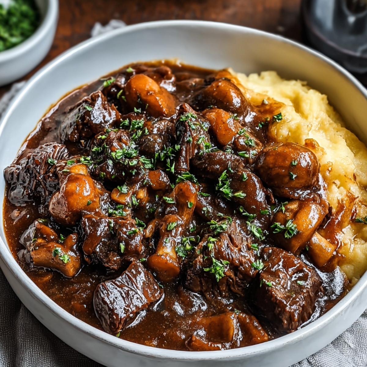 Beef Bourguignon Slow Cooker with beef, mushrooms, and carrots in rich wine sauce, served with mashed potatoes.