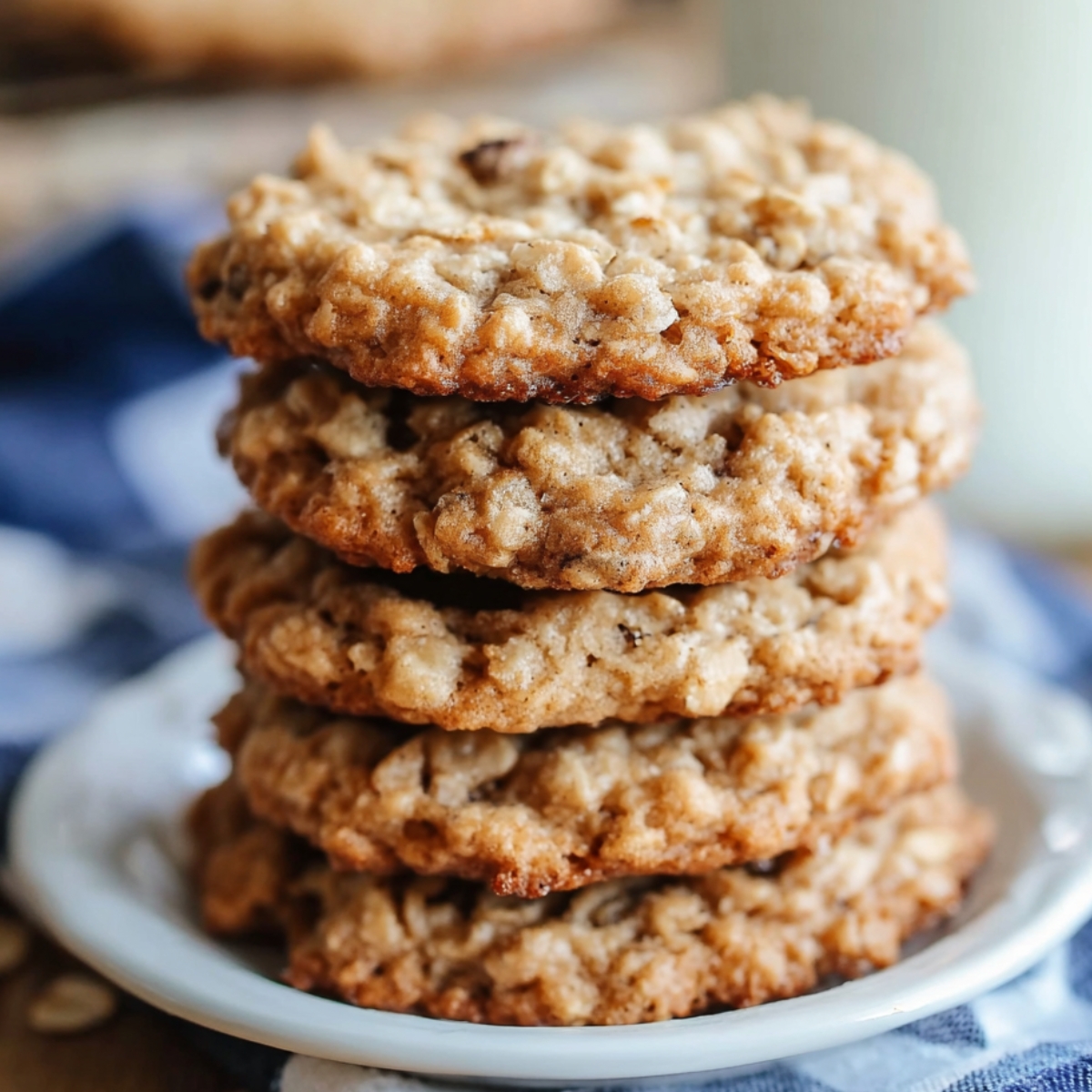 Best Quaker Oatmeal Cookie Recipe on a white plate, golden-brown with visible oats, crisp edges, and soft centers, cozy kitchen feel.