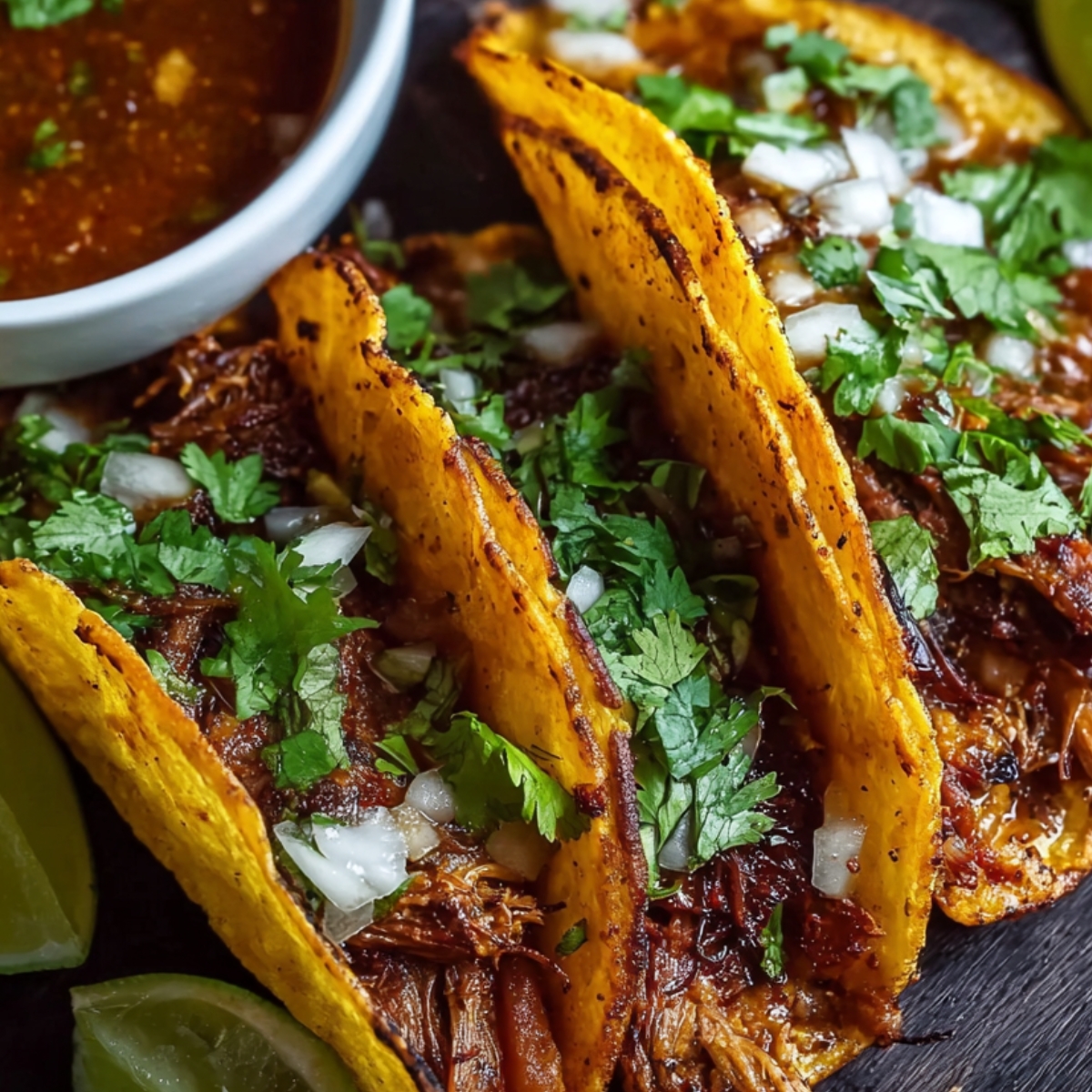 Birria tacos filled with tender shredded beef in rich red chile sauce, topped with chopped cilantro and white onion, served in a clay bowl with warm consommé and lime wedges.